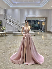 Pink A-Line Long Prom Dresses Evening Dresses