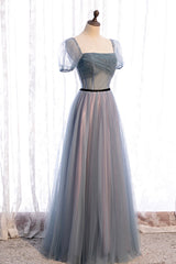 Gray Blue Tulle Long A-Line Prom Dress, Cute Short Sleeve Evening Dress