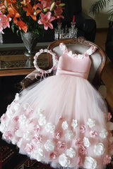 A Line Round Neck Pink Hand Made Flowers Flower Girl Dresses, Tulle Wedding Party Dresses, Srs15019