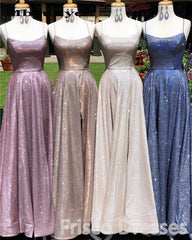 A-Line Sparkle Split Backless Evening Dresses  Long Prom Dresses With Pocket
