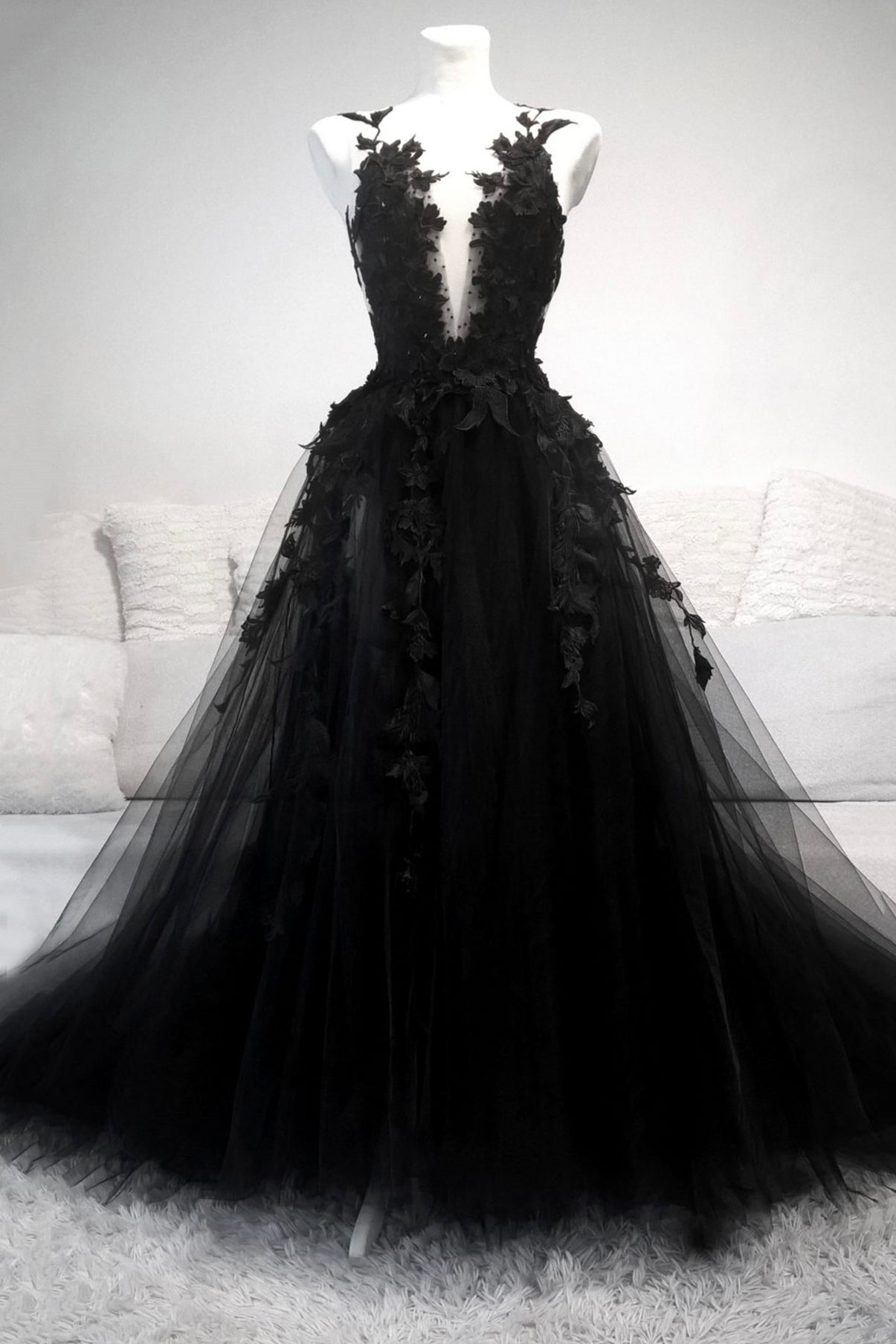 Black V-Neck Tulle Lace Long Prom Dresses, Black A-Line Evening Dresses