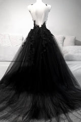 Black V-Neck Tulle Lace Long Prom Dresses, Black A-Line Evening Dresses