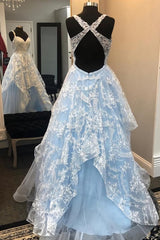 Elegant A Line Blue Open Back Appliques Prom Dress, Long Evening Party Dress, 9928