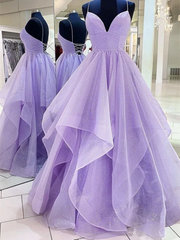 a line v neck purple tulle long prom dresses a line v neck purple backless long formal evening dresses