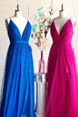 A-line V-Neck Pleated Tulle Long Bridesmaid Dress with Slit