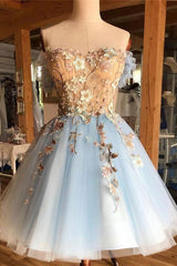A Line Light Blue Off The Shoulder Above Knee Homecoming Prom Dress, With Appliques