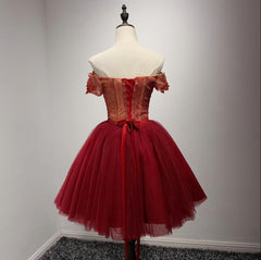 Off Shoulder Short Sleeve Red Lace Homecoming Prom Dresses, Affordable Short Party Corset Back Prom Dresses, Perfect Homecoming Dresses, B0525