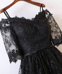 Black Short Sleeve High Low Homecoming Dresses, Lace Appliques Sweetheart Prom Dress