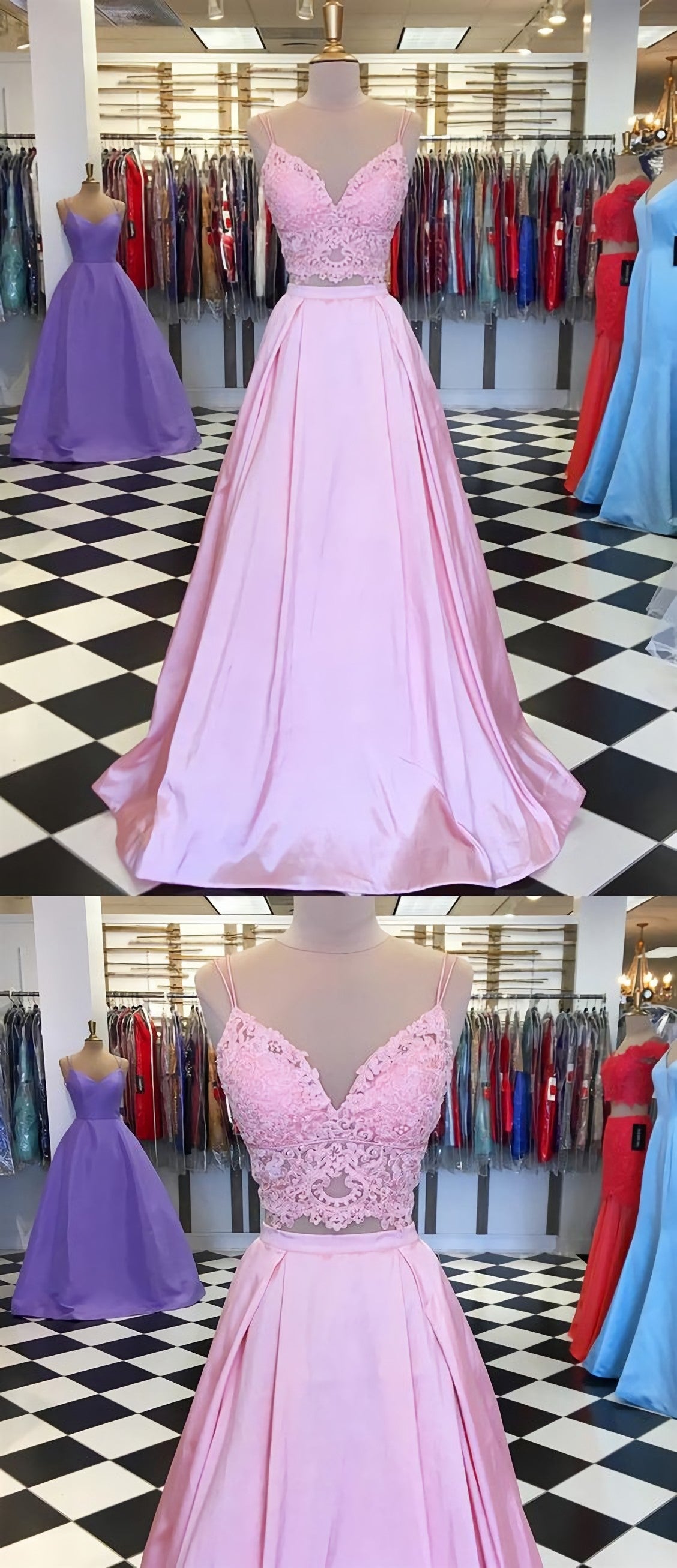 A Line V Neck 2 Pieces Pink Lace Prom Dresses, Pink 2 Pieces Lace Formal Graduation Evening Dresses, C0125