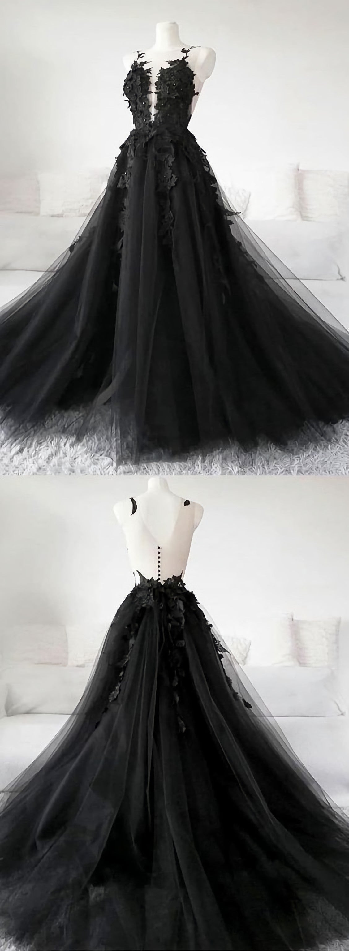 Chic Pretty Black Tulle Applique Long Prom Dress, Black Evening Dress, C0730