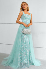 Green Square Neck Mermaid Sequined Prom Dress With Detachable Train