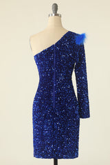 Royal Blue One Shoulder Sequined Cocktail Dress With Feathers
