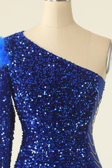Royal Blue One Shoulder Sequined Cocktail Dress With Feathers