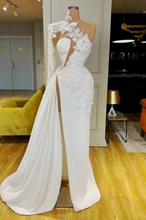 Gorgeous One Shoulder Long Sleeve Prom Dress With Lace Appliques Side Slit