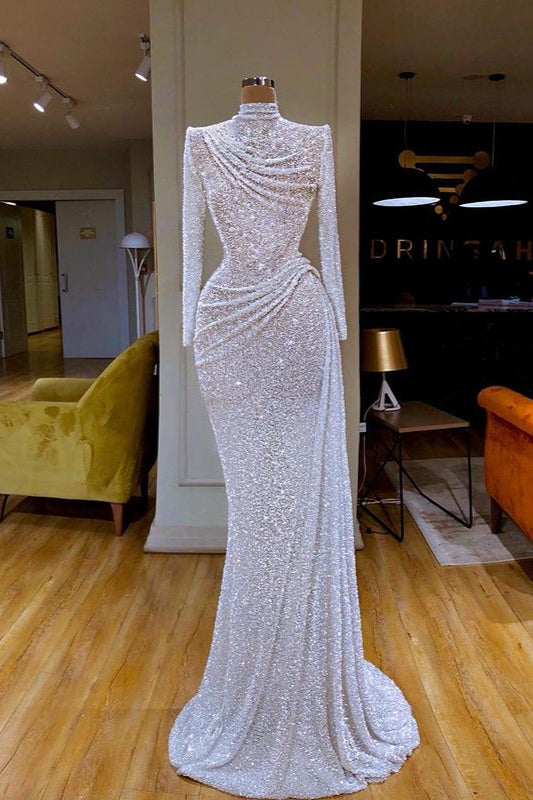Sparkle White Sequin Long sleeves Pleated Long Prom Dress