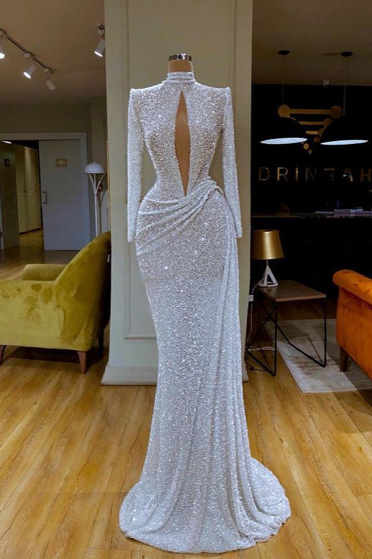 Stunning Long Sleeve High Neck Sequins Prom Dress Mermaid Long