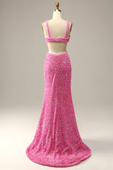 Fuchsia Sequined V-Neck Cut Out Prom Dress