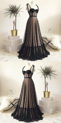 Vintage Polka Dots Spaghetti Straps Black Long Prom Dress