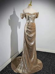 Gold Sequins Off Shoulder Mermaid Long Prom Dress Evening Party Dress