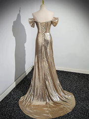Gold Sequins Off Shoulder Mermaid Long Prom Dress Evening Party Dress