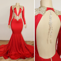 Black Girl Prom Dresses, Long Sleeve Red Prom Dresses With Beads Crystals V Neck Open Back Sexy Evening Gowns Cheap
