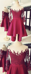 Cute High Low Lace Applique Burgundy Homecoming Dress, Short Prom Dress, E0744