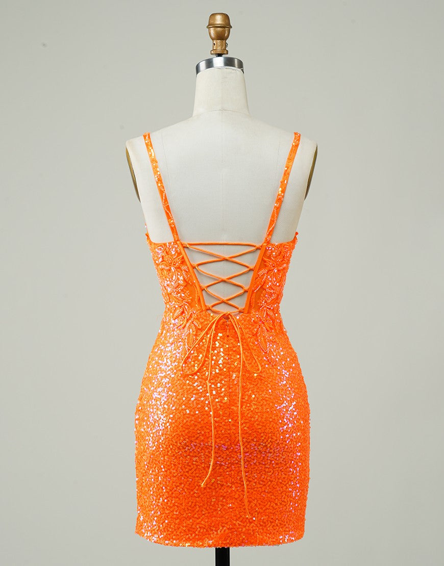 Glitter Orange Spaghetti Straps Orange Tight Sequined Homecoming Dress