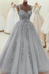 Gorgeous Sweetheart Neck Beaded Gray Floral Lace Grey Floral Lace Gray Prom Dresses
