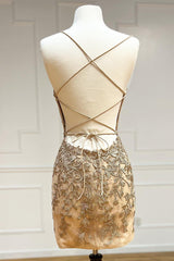 Champagne Spaghetti Straps Tight Short Homecoming Dress with Appliques