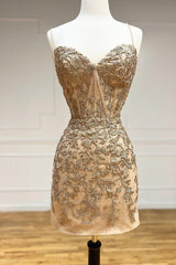 Champagne Spaghetti Straps Tight Short Homecoming Dress with Appliques