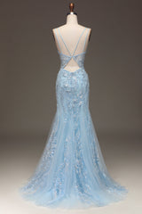 Prom Dress Classy, Light Blue Tulle Mermaid Prom Dress with Beaded