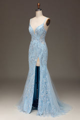 Prom Dresses Beautiful, Light Blue Tulle Mermaid Prom Dress with Beaded