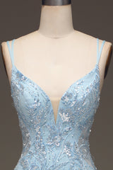 Prom Dress Types, Light Blue Tulle Mermaid Prom Dress with Beaded