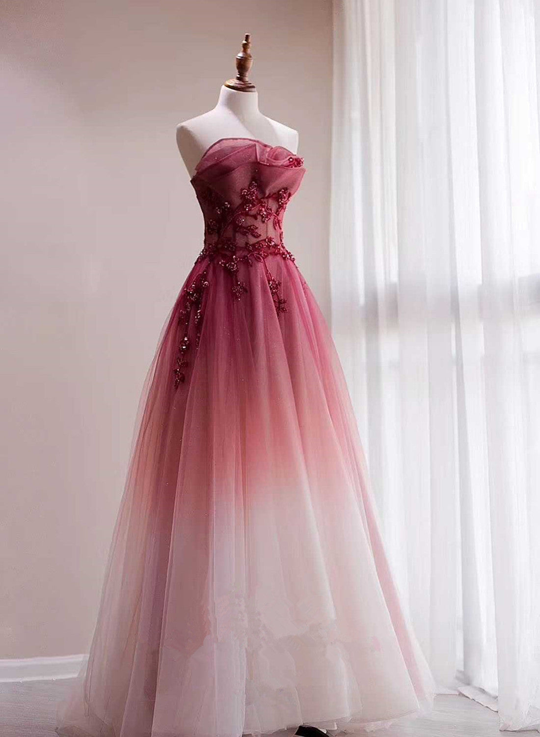 Prom Dresses Long With Sleeves, Beautiful Tulle Gradient with Beaded Long Party Dress, A-line Gradient Prom Dress