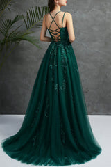 Open Back Dark Green Tulle Lace Long Evening Dress, Dark Green Lace Formal Dresses