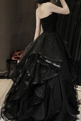 Vintage A line Strapless Sleeveless Long Black Prom Dress