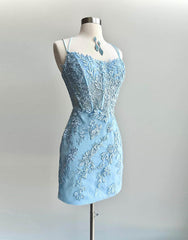 Pretty Blue Spaghetti Straps Short Tight Homecoming Dress With Appliques