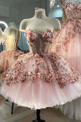 Rochii de bal prințesă sclipitoare cu flori 3D, rochii de quinceanera roz