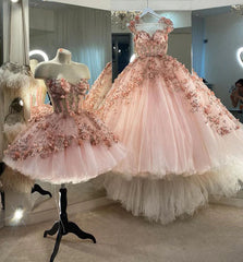 Rochii de bal prințesă sclipitoare cu flori 3D, rochii de quinceanera roz
