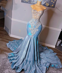 light blue prom dresses, crystal sequins evening gowns, mermaid prom dress