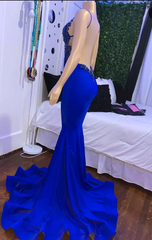 Mermaid azul vestido de baile de graduación, vestido de fiesta sin mangas de encaje de satén