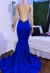 Mermaid azul vestido de baile de graduación, vestido de fiesta sin mangas de encaje de satén