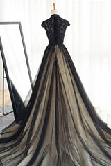 Black Tulle Cap Sleeves Floor Length Long Prom Dresses, Luxury Dresses