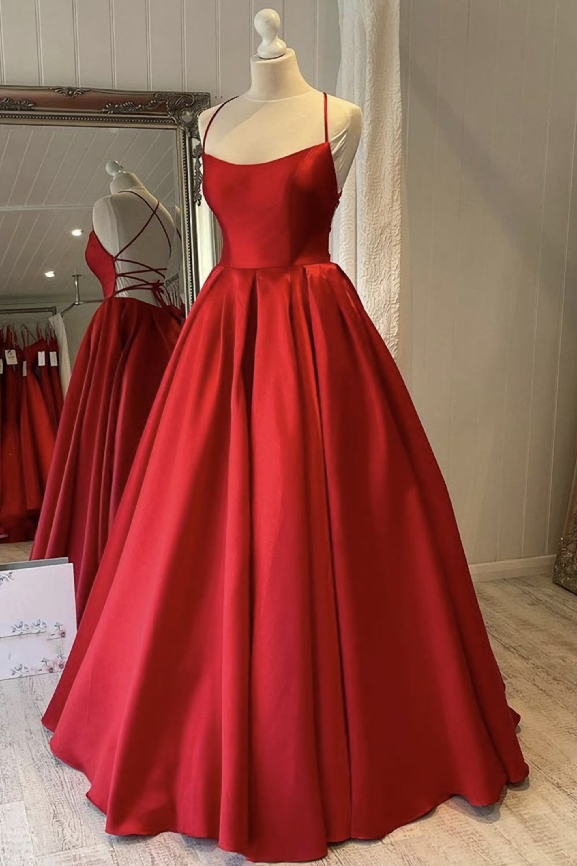 Simple Backless Red Satin Long Prom Dress, Open Back Formal Dresses, Red Evening Gown