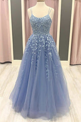 Spaghetti Straps Blue Lace Long Blue Lace Prom Dresses
