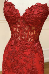 Strapless Sweetheart Neck Mermaid Red Lace Long Mermaid Red Lace Red Lace Prom Dresses