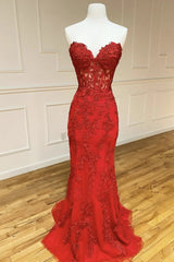 Strapless Sweetheart Neck Mermaid Red Lace Long Mermaid Red Lace Red Lace Prom Dresses