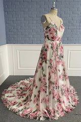 Stylish V Neck Backless Floral Pattern Long Prom Dress, V Neck Floral Pattern Formal Evening Dress