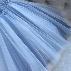 Sweetheart Strapless Homecoming Dresses, Beads Blue Lace Up Tulle Short Prom Dresses
