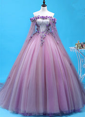 Prom Dresses Long Ball Gown, Light Purple Tulle Long Sweet 16 Gown, Flowers Quinceanera Dress